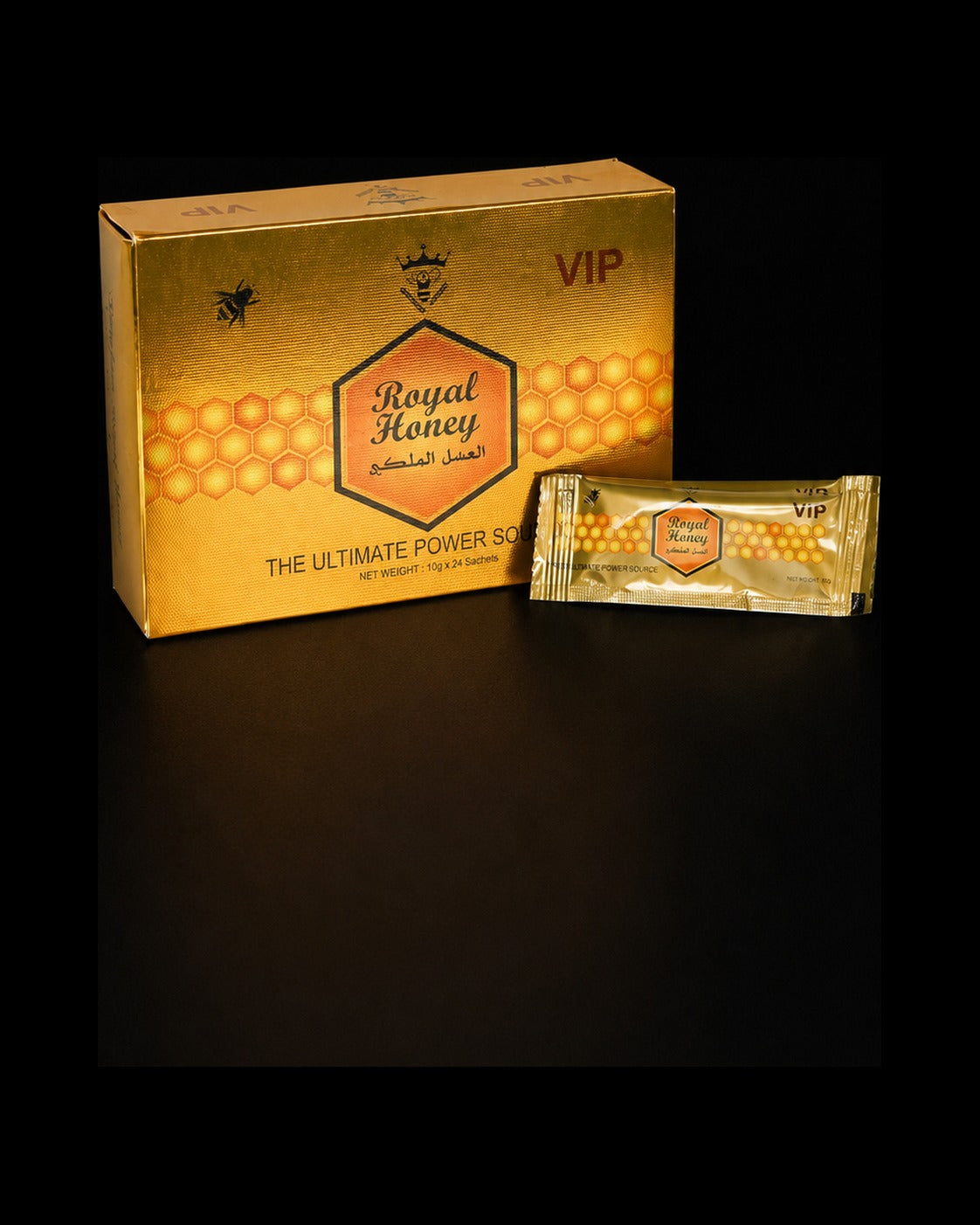 Royal Honey VIP gold presentation box with honeycomb detailing, shown beside a single gold sachet.