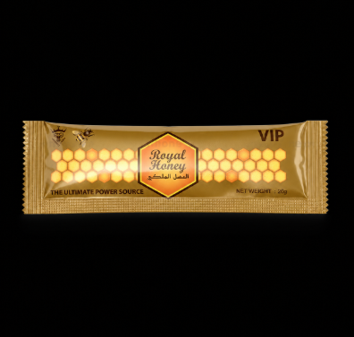 A single gold honey stick packet labeled 'Royal Honey VIP' with a honeycomb pattern and a bee illustration, shown on a solid black background.